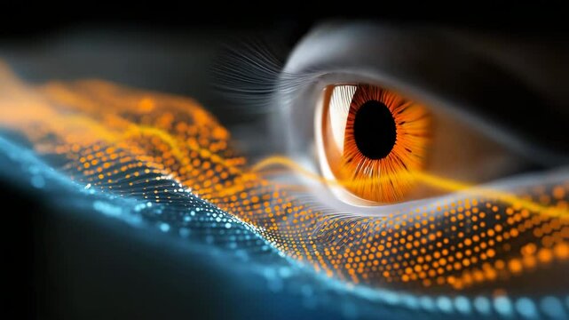 A close up of an eye with a blue background. The eye is surrounded by a blue wave pattern