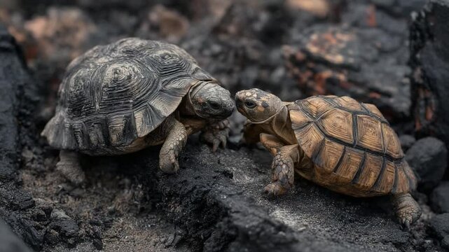 Turtle Encounter: Two turtles with patterned shell meet on a rocky surface, creating a close-up nature scene that captivates the eye.