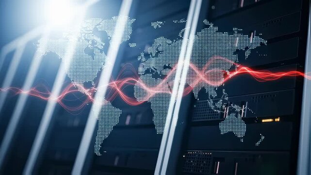 Digital representation of global connectivity with a world map overlay and red data waves, set against a background of server racks in a data center, illustrating modern technology infrastructure - Powered by Adobe