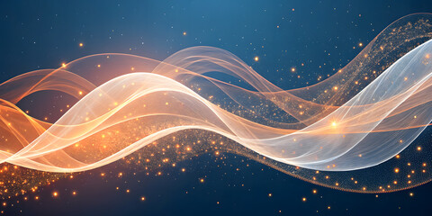 Glowing abstract waves of light and sparkling particles on a dark background