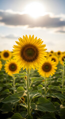 Fototapeta premium Sunlit Sunflower Field A Captivating Display of Nature's Golden Beauty at Sunset