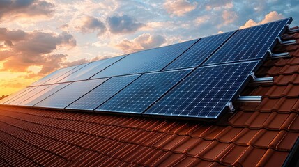 Residential solar installation solar panels on home rooftop dramatic sky renewable energy technology sustainable electricity