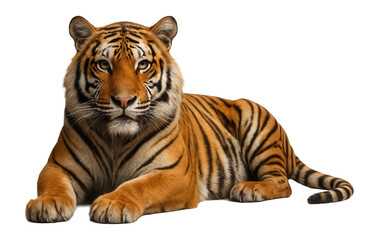 Naklejka premium Bengal tiger showcasing orange coat with black stripes, lying down with head raised