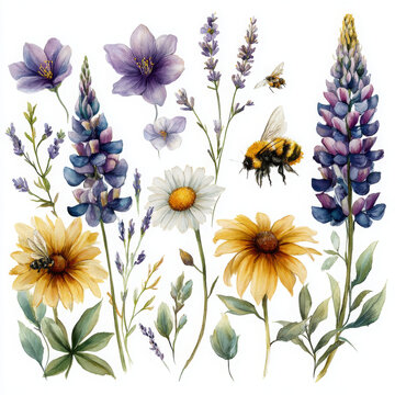 Lupine, daisies, bumblebees create serene, captivating scene with nature art