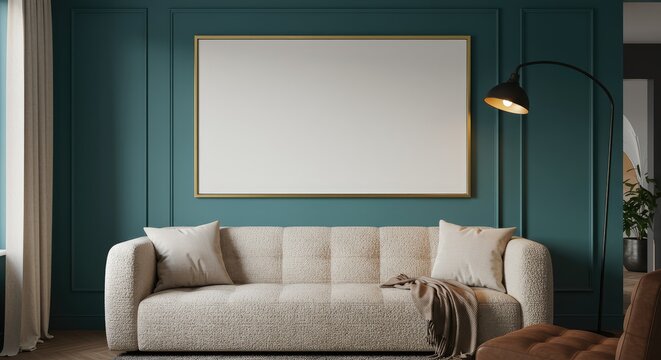 "Resimercial" Lounge Area with Plush Sofa and Horizontal Frame Mockup