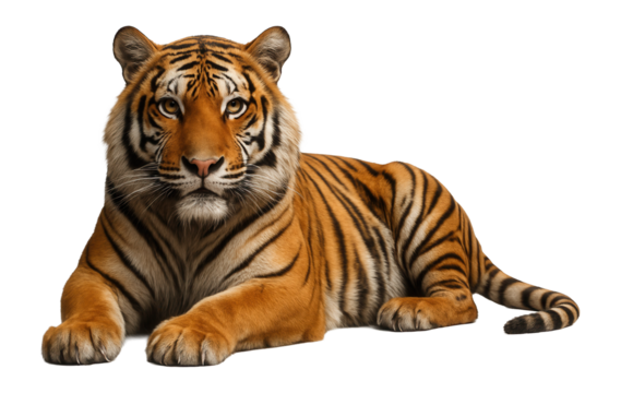 Bengal tiger showcasing orange coat with black stripes, lying down with head raised