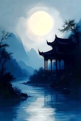 Serene Moonlit Pavilion - Dark Ink Shadow