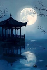 Serene Moonlit Pavilion - Dark Ink Shadow
