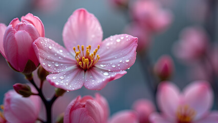 Obraz premium Close up image capturing the beauty of pink dogwood blossoms covered in water droplets after rain