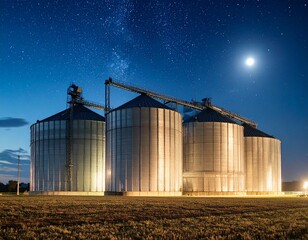 Grain Silos Under Starry Sky and Moonlight