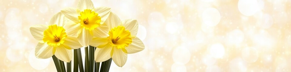 Fototapeta premium Vibrant yellow daffodils blooming in sunlight, symbolizing spring with fresh petals and greenery