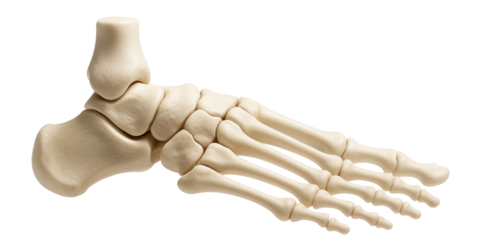 Human foot skeleton with tarsals, metatarsals, and phalanges in view