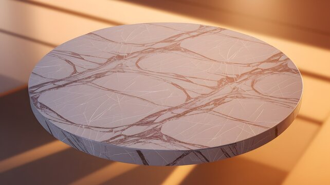 Elevated Marble Elegance: A luxurious, round marble table stands majestically, illuminated by soft sunlight and casting delicate shadows, adding a touch of sophistication.