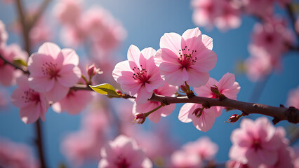 Pink cherry blossoms in full bloom against a vibrant blue sky creating a stunning springtime