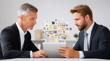 Digital Interface in the Boardroom: A modern image depicts two business professionals deeply engrossed in a tablet, with digital icons representing the digital era in their shared workspace.