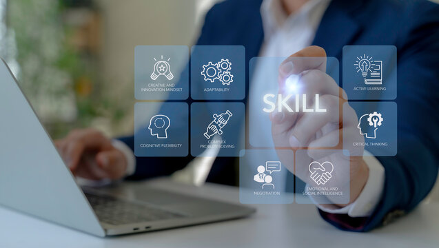 Future Skills Concept. Interfacing future skills such as critical thinking, adaptability, emotional and social intelligence and creative innovation. Digital transformation, reskilling and upskilling.