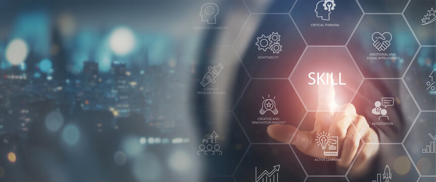 Future Skills Concept. Interfacing future skills such as critical thinking, adaptability, emotional and social intelligence and creative innovation. Digital transformation, reskilling and upskilling.