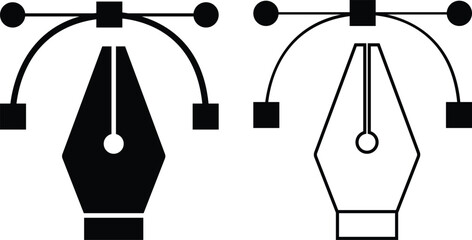 Pen tool cursor set. Vectors computer graphics. Logo for designer or illustrator. Design icons. Curve control points illustration. Flat, outline fountain symbols for infographic, website, app and ui.