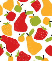 Cute Seamless Vector Pattern With Fruits. Hand Drawn Irregular Print With Apples, Pears And Strawberries On A White Background. Childish Style Endless Design With Abstract Fruits. 