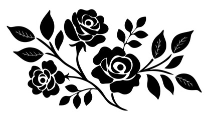 Set of decorative rose flower silhouettes with leaves. Elegant floral vector illustrations perfect for romantic, botanical, and ornamental design themes. Isolated on transparent background.