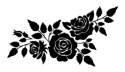 Set of decorative rose flower silhouettes with leaves. Elegant floral vector illustrations perfect for romantic, botanical, and ornamental design themes. Isolated on transparent background.