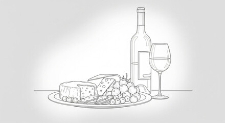 Minimalist drawing of cheese and fruit on a plate and a bottle of wine and a glass nearby