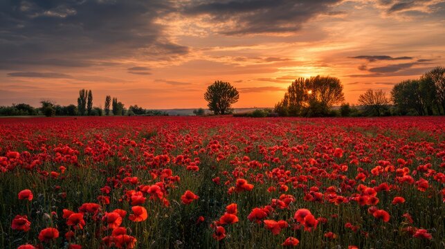 Beautiful poppy field at sunset, red flowers in the foreground, trees on the horizon