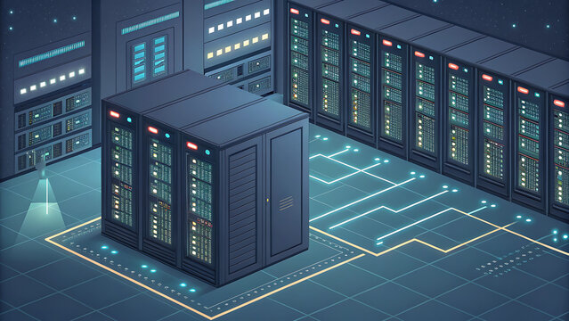 Isometric view of a server room with multiple server racks and a network grid on the floor - Powered by Adobe