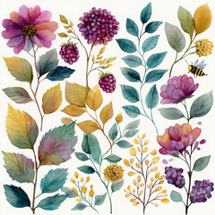 Bees on raspberries and flowers show vibrant, cheerful scene