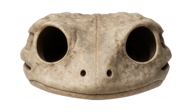Amphibian skull, flat with broad, toothless palate and large orbits