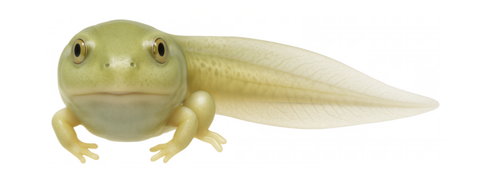 Developing frog tadpole with elongated tail and budding hind limbs