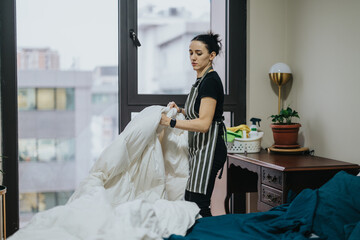 Professional housekeeper straightening bedding in a tidy, modern bedroom while ensuring a fresh and...