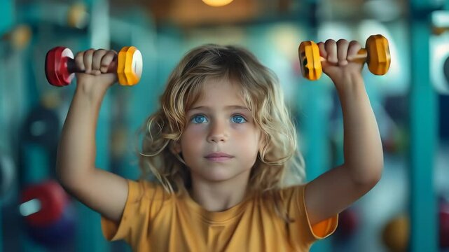 A young boy showcases his strength with exercises using small weights in a brightly lit gym. His dedication to fitness is evident as he performs various workouts with focus and enthusiasm