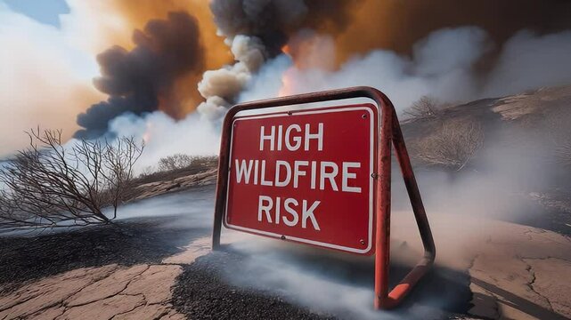 Red warning sign for wildfire prevention amidst smoke and fire. 4K Video