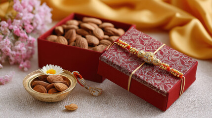beautiful rakhi and box of dry fruits, and a puja thali with a single diya and flowers and sweets in thali