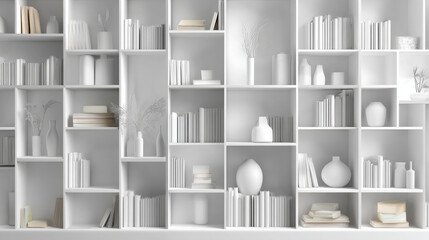 Conceptual illustration of white bookshelves depicted in a simplified art style