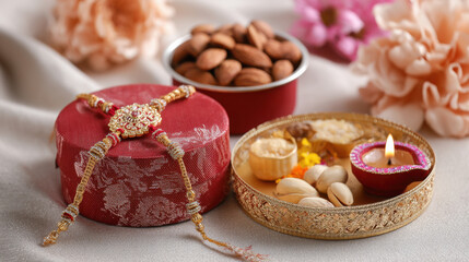 beautiful rakhi and box of dry fruits, and a puja thali with a single diya and flowers and sweets in thali