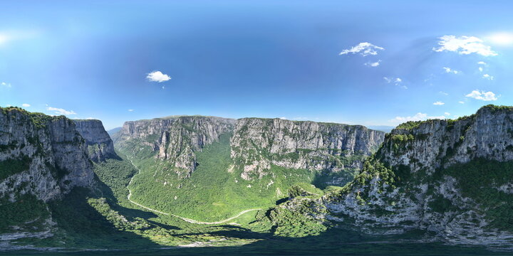 360 view of the Vikos Gorge in the Pindus Mountains of northern Greece on the southern slopes of Mount Tymfi, full 2:1 and 360x180 equirectangular for spherical panorama view