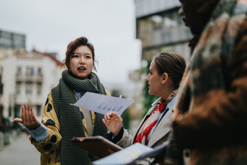Business people discussing strategies while reviewing data charts in a dynamic urban open space. A...