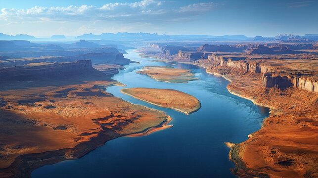 Aerial photo of a winding river flowing through a red rock canyon. Inspirational presentations, tourist brochures, environmental reports.
