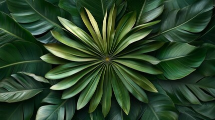 Fototapeta premium Exquisite Circular Palm and Tropical Leaves in a Vibrant Floral Tapestry Pattern for Background Use