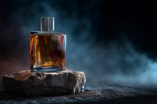 Amber liquid in glass bottle on stone perfume fragrance