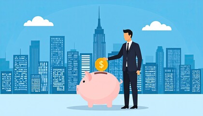 Businessman saving money in piggy bank