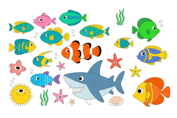 Collection of cute cartoon fish shark starfish sun seaweed and seashell on white background
