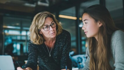 Mentoring Moment: A moment captured in an office setting, where a senior woman is engaged in a mentoring session with a young female professional.