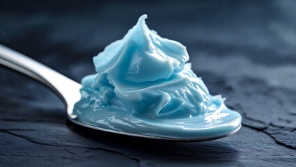 Macro photography of a translucent blue retinol night cream scooped onto a silver spatula, creamy texture visible, dark slate background, shallow depth of field.