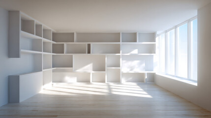 Fototapeta premium Empty white room with shelves that catch light and shadow play beautifully