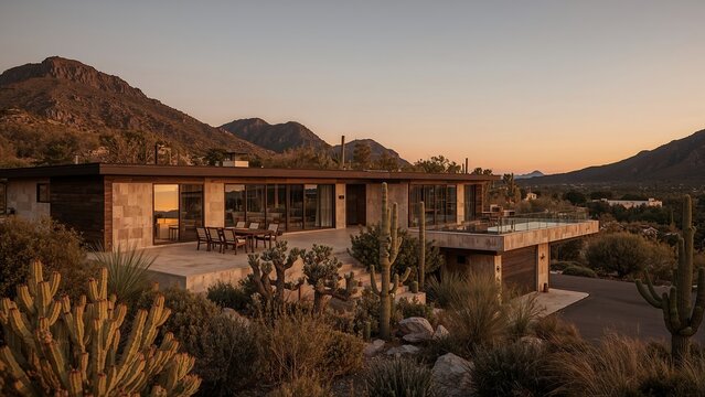 Mid-century modern gem, flat roofs, warm wood accents, floor-to-ceiling windows, desert landscape, golden hour, cacti garden, architectural digest style.