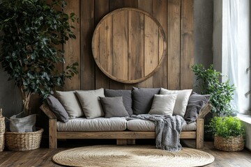 Rustic loveseat sofa and round wooden wall decor, contributing to a charming modern living room interior design, Generative AI