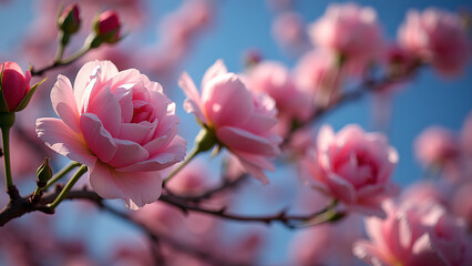 Fototapeta premium Delicate pink roses in full bloom against a vibrant blue sky create a beautiful spring scene